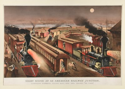 Escena nocturna en un cruce ferroviario americano de Currier and Ives