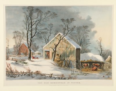 La antigua granja en invierno de Currier and Ives