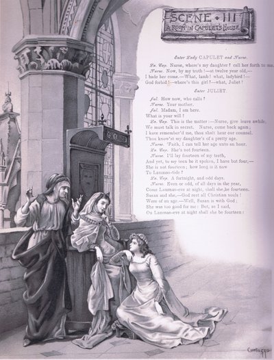 Una habitación en la casa de los Capuleto (ilustración de Romeo y Julieta) de Curtazzo Curtazzo
