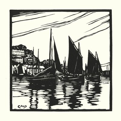 Barcos de pesca y barcazas: Cornish Drifters, Looe (xilografía) de Cyril A. Wilkinson
