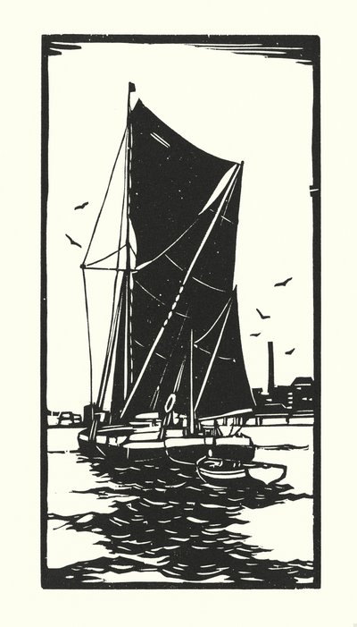Barcos de pesca y gabarras: Barcaza del Támesis (xilografía) de Cyril A. Wilkinson