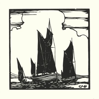 Barcos y gabarras de pesca: Barcos de pesca del Támesis (xilografía) de Cyril A. Wilkinson