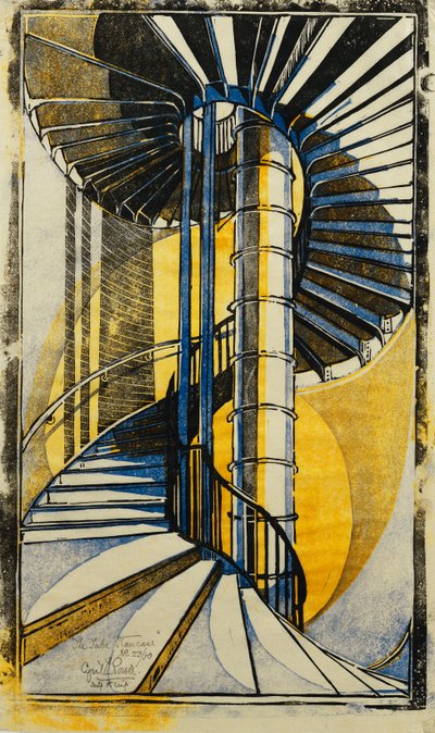 The Tube Staircase, c.1930 (linograbado impreso en colores sobre tejido japonés) de Cyril Edward Power