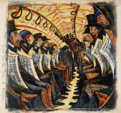 The Tube Train, c.1930 (linograbado impreso en colores sobre tejido japonés) de Cyril Edward Power