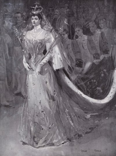 La reina Alexandra saliendo de la Abadía de Westminster, Londres, después de la coronación de ella y del rey Eduardo VII de Cyrus (after) Cuneo