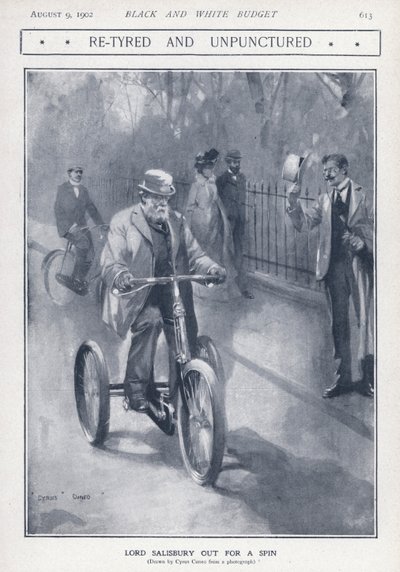 Político conservador inglés y primer ministro Lord Salisbury montando un triciclo de Cyrus Cuneo