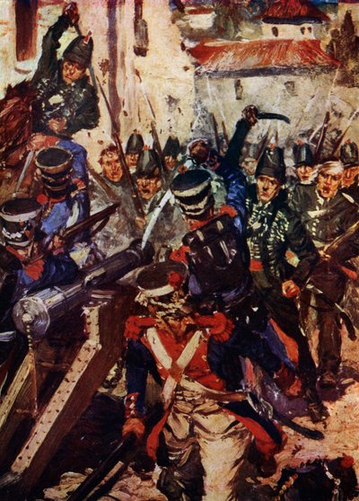 La Brigada de Fusileros despejando un pueblo (litografía en color) de Cyrus Cuneo