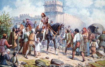 Carlos IV saludando a la gente común durante su expansión de las fortificaciones de Praga en 1361, postal de principios del siglo XX de Czech School