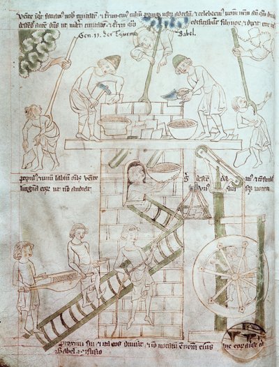 Ms 23 C 124 fol.3 La construcción de la Torre de Babel, de la Biblia de Velislav, c.1340 de Czech School