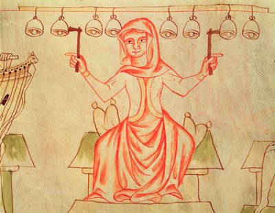 Ms XXIII C.124 Músico tocando campanas, de la Biblia de Velislav, c.1340 de Czech School