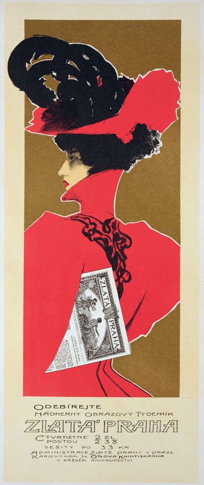 Reproducción de un cartel publicitario de Zlata Praha, un periódico semanal ilustrado, Praga de Czech School