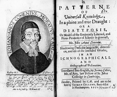 Portada y frontispicio de A Patterne of Universall Knowledge, incluyendo un retrato de Jan Amos Komensky, grabado por George Glover, 1651 de Czech School