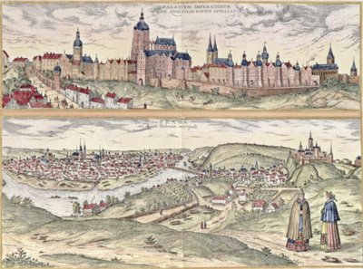 Vista de Praga que muestra (arriba) el Palacio Imperial (Hradschin) y (abajo) el río Moldava que separa la parte antigua de la moderna de la ciudad (grabado) de Czech School