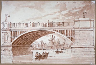 Vista de un pequeño bote pasando debajo del Puente Vauxhall, Londres, 1820 de DHC