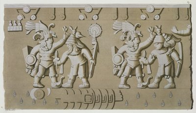 Bajo relieve de antiguos guerreros aztecas, de la Piedra de Tizoc conmemorando a un gobernante sosteniendo a sus cautivos por la cabeza de D.K. Bonatti