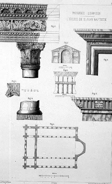 Plano y detalles arquitectónicos de Imbrohor Dzamissi, la Iglesia de San Juan Bautista, de 