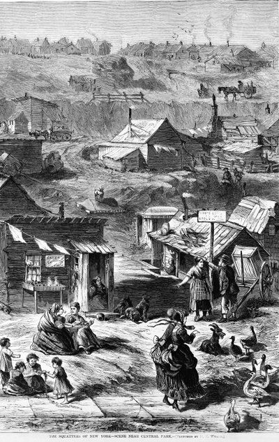 Los ocupantes ilegales de Nueva York - Escena cerca de Central Park, de Harpers Weekly, pub. 1869 de D. E. Wyand