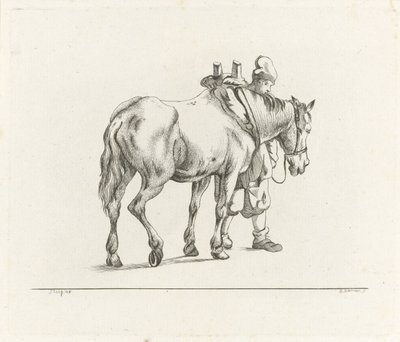 Hombre caminando junto a un caballo de D. Merrem