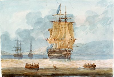 Hombre de guerra británico y otros buques en un fondeadero, con barcos en primer plano, c.1798-1805 (acuarela) de D. Tandy