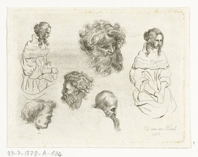 Hoja de estudio con cabezas y cuerpos femeninos. de D. van den Bosch