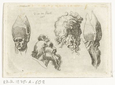 Hoja de estudio con cuatro cabezas, dos con una mitra de D. van den Bosch