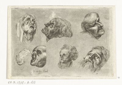 Hoja de estudio con siete cabezas en dos filas de D. van den Bosch