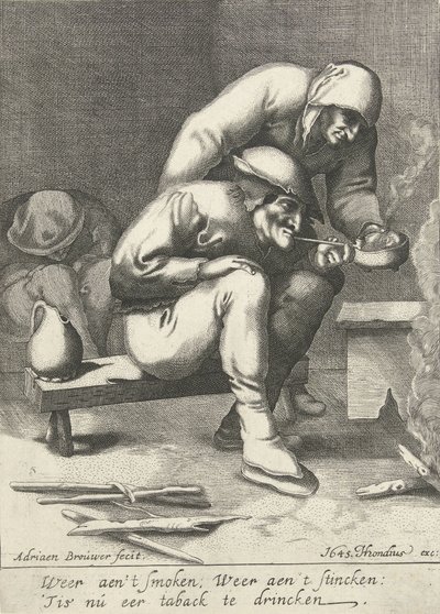 Hombre fumador, con una mujer detrás de él. de D. van den Bremden