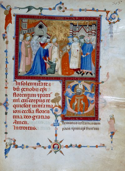 San Zenobio resucita a un niño (Codice Edili 107, c. 367), para un Misal Romano de Daddesco Maestro