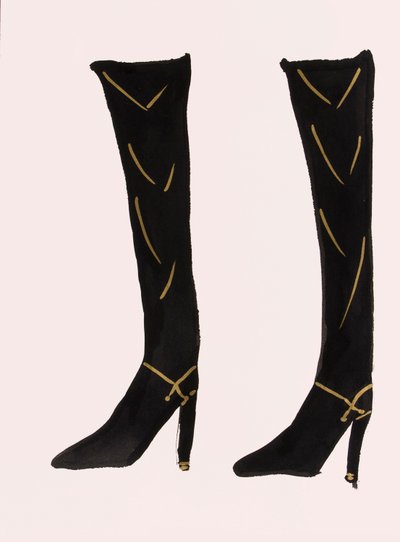 Botas negras, 2017 (tinta china negra, con rotulador dorado sobre papel) de Daisy de Villeneuve
