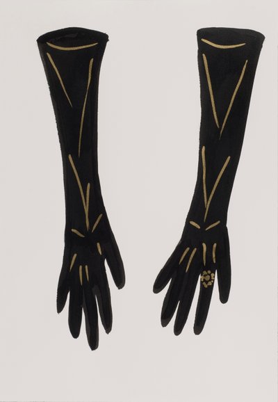 Guantes negros, 2017 (tinta china negra, con rotulador dorado sobre papel) de Daisy de Villeneuve