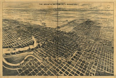 Vista de la ciudad de Stockton, la ciudad manufacturera de California. Muestra la ubicación de la adición de East Stockton. de Dakin Publishing Co.