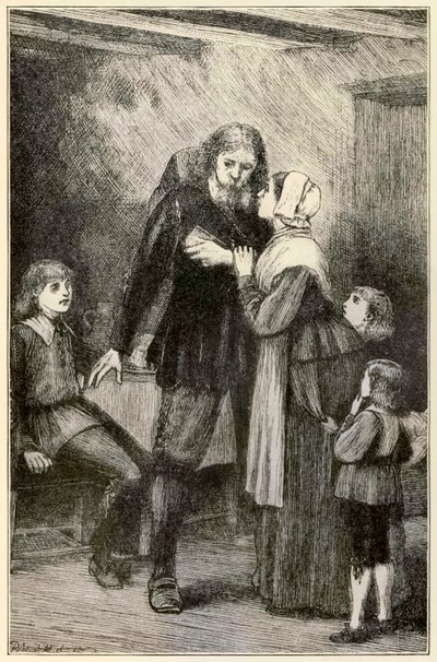 Cristiano confía en su esposa de El progreso del peregrino de este mundo al venidero por John Bunyan (1628-1688) ilustración de Thomas Dalziel (1823-1906) de Dalziel Brothers