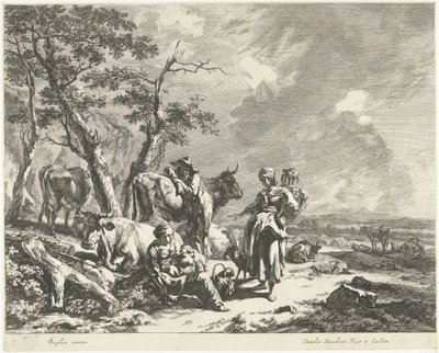 Tarde: Descanso de la familia del pastor con el rebaño. Horas del día (título de la serie) de Dancker Danckerts