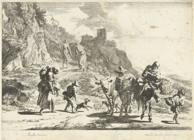 Mujer en un burro lleno, hombre con vaca y otros viajeros en el paisaje montañoso Paisajes del sur (título de la serie) de Dancker Danckerts