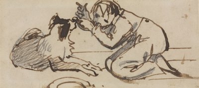 Un niño jugando con un perro (lápiz, pluma y tinta marrón sobre papel) de Daniel Maclise