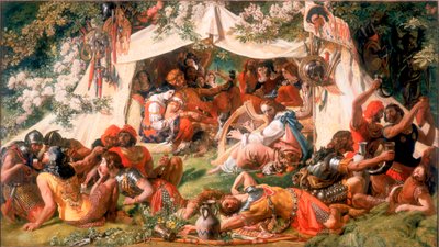 Alfredo el Rey Sajón, disfrazado de juglar, en la tienda de Guthrum el Danés, c.1852 (óleo sobre lienzo) de Daniel Maclise