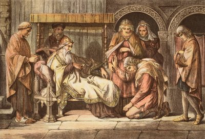 Harold, de vuelta de Normandía, se presenta a Eduardo el Confesor, grabado por JD Cooper (grabado en color) de Daniel Maclise