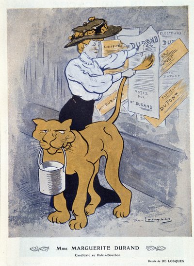Marguerite Durand pegando su cartel electoral, ilustración de 
