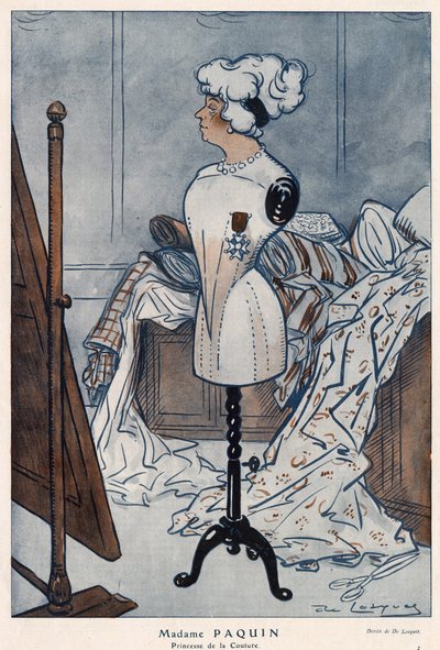 Madame Jeanne Paquin, modista francesa, representada con la cruz de la Legión de Honor que acaba de obtener - ilustración de Daniel De Losques en “Fantasio” de 1913 de Daniel de Losques