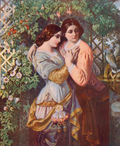 Shakespeare: Celia y Rosalind, Como gustéis, Acto I, Escena 3 (litografia en color) de Daniel (after) Maclise