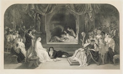 La escena del juego, Acto III, Escena II de Hamlet de William Shakespeare, grabado por Charles W. Sharpe (litografía) de Daniel (after) Maclise