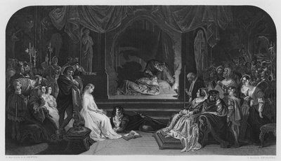 La escena de la obra, Hamlet, del cuadro en la Galería Vernon (grabado) de Daniel (after) Maclise
