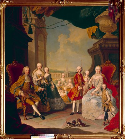Francisco I del Sacro Imperio (1708-1765) y su esposa la emperatriz María Teresa I (1717-1780) con sus once hijos en la terraza del castillo de Schönbrunn. La futura reina María Antonieta posa en el centro aún bebé de Daniel (and Studio) (after) Mytens
