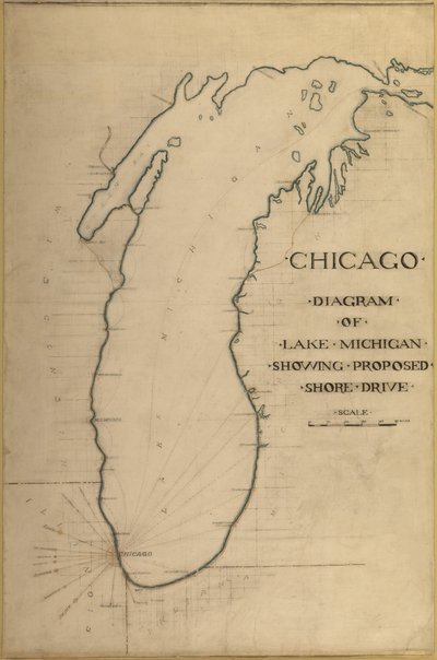 Placa 35 del Plan de Chicago 1909: Chicago, y Diagrama del Lago Michigan. Carretera propuesta de Daniel Burnham