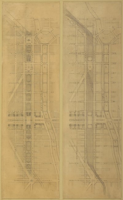 Placa 79 2 dibujos del Plan de Chicago: Ubicación y disposición sugeridas de Daniel Burnham