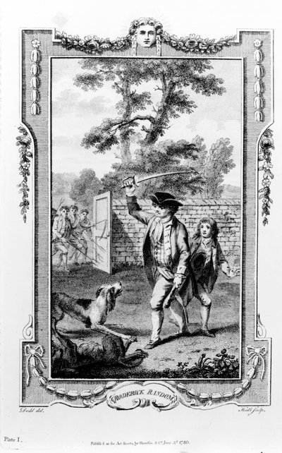 El tío de Roderick Random es atacado por perros, ilustración de 