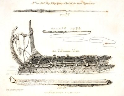 Un Trineo de Hueso, Látigo de Perro, Lanza y Cuchillo de los Highlanders Árticos, ilustración de 