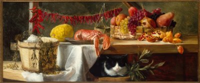 Naturaleza muerta con pimientos, frutas, una langosta y un gato de Daniel Hock