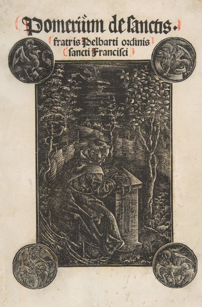 El franciscano Pelbart de Temesvar estudiando en un jardín Schr. 2876, 1502 de Daniel Hopfer.