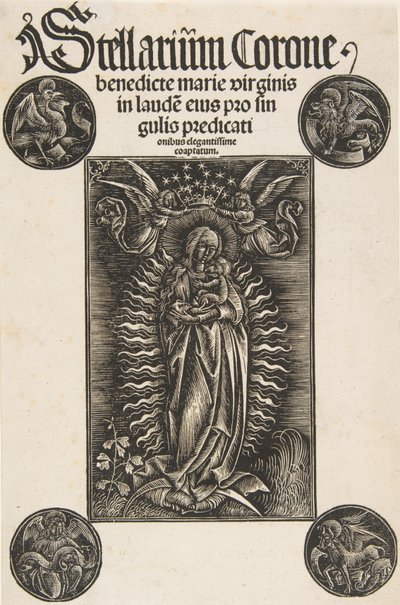 Virgen en una media luna, portada de Pelbartus de Temesvar: Stellarium corone Schr. 2869..., 1502 de Daniel Hopfer.